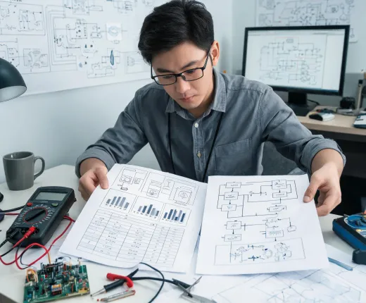 Application specialist reviewing multimeter specifications