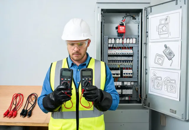 Electrician comparing meters for distribution work