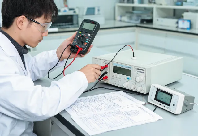 Technician validating multimeter at calibration bench