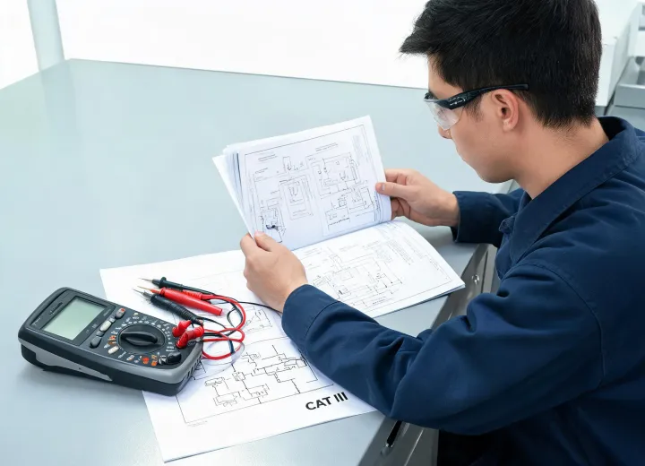 Electrical specialist reviewing a multimeter test procedure